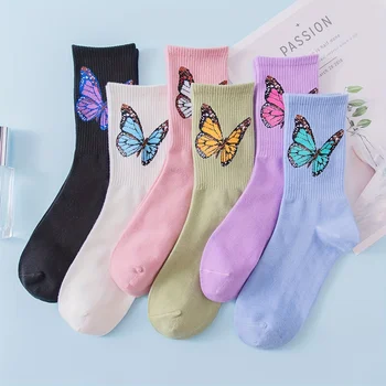 1 Pár Ženy Střední Délka Ponožky, Motýl Tištěné Ponožky, Pohodlné a Prodyšné Střední Délka Ponožky