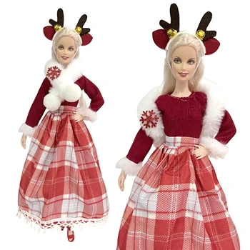 1 Sada Módní Party Šaty Santa Vánoční Šaty+Roztomilá čelenka+ Červená Scraf Pro Panenku Barbie Doplňky DIY Hračky Cosplay