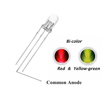 100KS, 5MM Červená + Žlutá Zelená, Bicolor DIP LED, Společná Anoda, Voda Jasné, F5 R+YG 3PIN