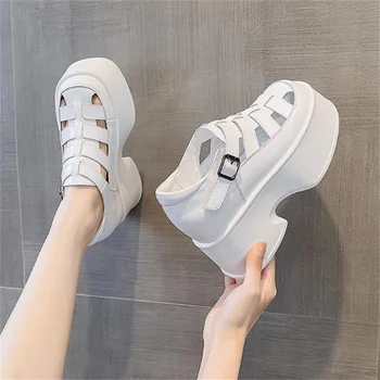 11CM klín horní vysoké podpatky vodotěsné platforma muffin tlusté dno duté kožené sandály malé zvýšení výšky jediné boty ženy