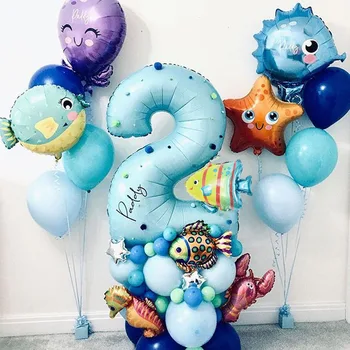 44pcs Ocean World Moře Zvířecí Balóny Nastavit Šťastný 1 2 3 Roky, Narozeniny, Party Dekorace Mořská Panna mořský Témata Miminko Fólie Ballon