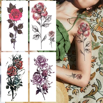 Akvarel Růže Květ Dočasné Tetování Pro Děti, Ženy Módní Sexy Balíček Pivoňka Tetování Krásu Listů Tělo Rameno Falešné Tetování Papír