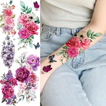 Akvarel Růže Květ Motýl Dočasné Tetování Pro Ženy, Dospělé Pivoňka Jiřina Hyacint Falešné Tetování V Pračce Půl Rukáv Tetování