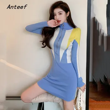 Anteef dlouhý rukáv pletené bavlněné vintage šaty pro ženy ležérní bodycon mini podzim zima šaty elegantní oblečení 2021