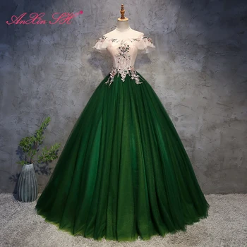 AnXin SH Vintage princezna fázi zelené květinové krajky volánky člun krk hostit ples šaty nevěsta crystal lištování party večerní šaty