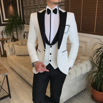 Bílé Svatební Sako Pánské Obleky Odsávačka Černé Žakárové Peak Klopě Formální Příležitosti Slim Fit Ples Oblečení (Bunda+Kalhoty +Pas