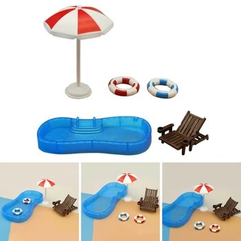Domeček pro panenky Accessoies Pláž Téma Miniaturní Bazén, lehátka na Pláži, Plážový Set pro Děti Play-čas, Panenka Dům Dekorace