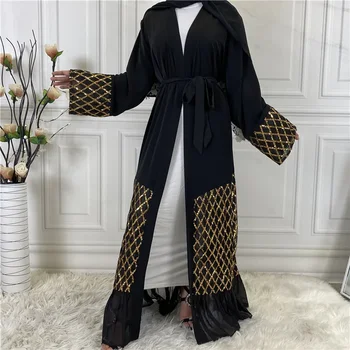 Dubaj Abaya Flitry Výšivky Islámské Oblečení, Muslimské Africké Ženy Podzim Šaty Marocké Jellaba Maxi Róby Šifónové Cardigan