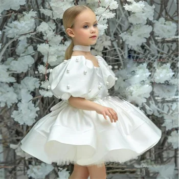 Dítě Dívky Narozeniny Saténové Šaty Děti Elegantní Princezna Šaty Módní Puff Sleeve Perly Plesové Šaty pro Dívky Párty Oblečení