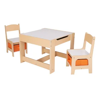 Děti Dřevěné Skladování, Stůl a Židle Set, Přírodní Barva, Lamino, 3 Ks, 3-7 Let