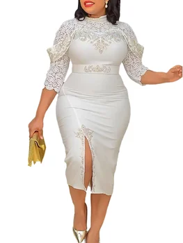 Elegantní Africké Šaty Pro Dámské Krajky Rukáv Hot Diamonds Zábal Hip Midi Šaty Ankara Africe Oblečení Bílé Roucho Party Vestidos