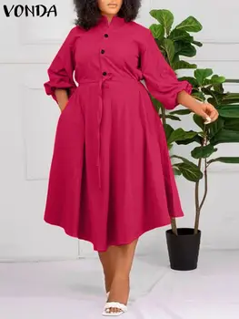 Elegantní Ženy jednobarevné Dlouhé Šaty 2023 Podzim - Lucerna Rukáv Volné Midi Šaty Ležérní Obvaz Tlačítko Party Vestidos