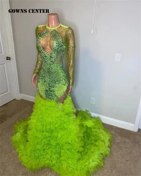 Fluorescenční Zelená Dlouhý Rukáv Ples Šaty 2024 Pro Černé Holky Vidět Thru Luxusní Maturitní Šaty Mermiad Svatební Party Šaty