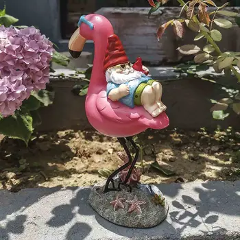 Gnome Zahradní Socha, Legrační Gnome Ležící na Flamingo Figurky, Pryskyřice Skřítci Venkovní Dekorace Patio Yard, Trávník, Ornament