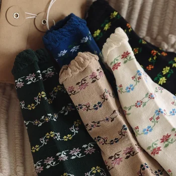 Japonské Kawaii Nové Černé Zelené Dámské Ponožky Módní Květinové Tisk Harajuku Ženy Retro Crew Socks Lolita Krajky Zdobené Prohrábnout Ponožky