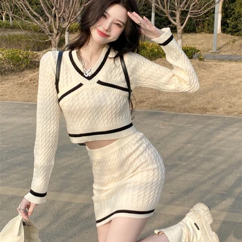 Korejský Módní Pletené Mini Sukně Set Žen Podzim Zima Sladké Svetr 2 Kus Sady Ženy Japonském Stylu Slim Party Sukně Oblek