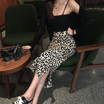 leopardí sukně žen s vysokým pasem, pletené sukně 2023 brzy na jaře nová dlouhou štěrbinou pletené