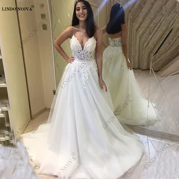 LINDO NOIVA-Line Svatební Šaty Otevřít Zpět Tyl Krajky Nášivky Svatební Šaty pro Ženy 2023 Nevěsta vestidos de novia baratos