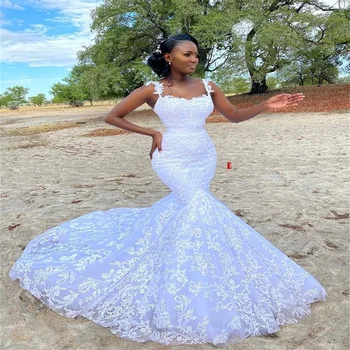 Luxusní Africké Svatební Šaty Plné Krajky Nášivky Klasické Nevěsta Šaty Sexy Špagety Popruh Na Zakázku Robe De Mariée