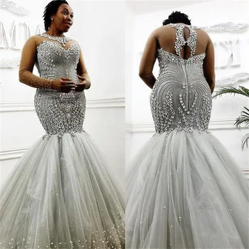 Luxusní Crystal Svatební Šaty Župan Mariage 2024 Plus Velikost Kopečkem Iluze Zpět Mořská Panna Arabština Svatební Šaty Vestidos De Noiva