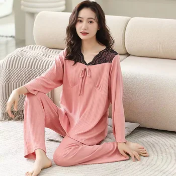 Modální Pyžamo Dámské Jarní Pyžamo V-Neck dvoudílné Sety oblečení na Spaní Plný Rukáv Volné Pohodlí Pijama Mujer Domácí Oblečení