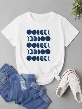 Měsíc Geometrický Trend 90. let, Roztomilé Oblečení Krátký Rukáv T-shirt Dámy Ženské Print Top Módní Grafické Ženy Tee Tričko Oblečení