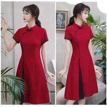 Nový Elegantní Retro Letní Zlepšit Cheongsam Šaty Pro Ženy Červené Sestřih Krátký Rukáv Čínské Qipao Štíhlé Dámy Midi Šaty 2022