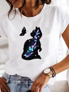 Prostor, Kočka, Zvíře, Karikatura Oblečení Ženy Móda Krátký Rukáv T Letní Oblečení Ženy Print Graphic Tee Casual T-košile