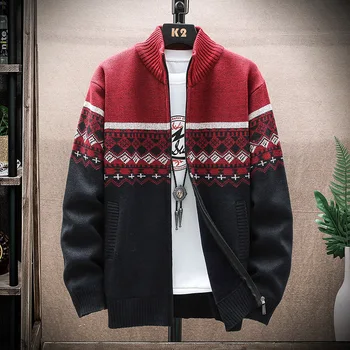 Pánské Zimní Vintage Silný Teplý Svetr na Podzim Harajuku Vzor Pletené Svetr Muž Ležérní s Kapucí Fleece Svrchní Sweatercoat