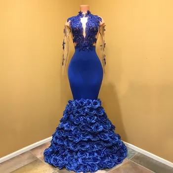 robe de soirée 2018 Royal Modré Večerní Šaty Mořská panna Dlouhé Rukávy Krajka Korálkové 3d Květiny Saúdské arabské Ženy Formální Večerní Šaty