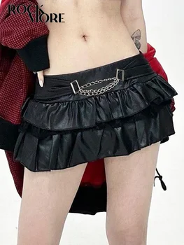 Rockmore Černé Pletené PU Skládaná Sukně Elegantní Řetěz Gothic, Vintage y2k Sexy Hot Dívky Ženy Mini Sukně Klubu Strany Streetwear