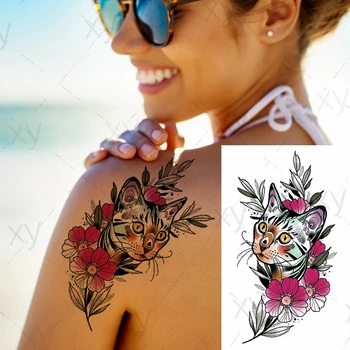Vodotěsný Dočasné Tetování Nálepka Roztomilý Kočka Barevné Květinové Tělo Umění Falešné Tetování Prsa Zad, Břicho Flash Tatto pro Ženy, Muže