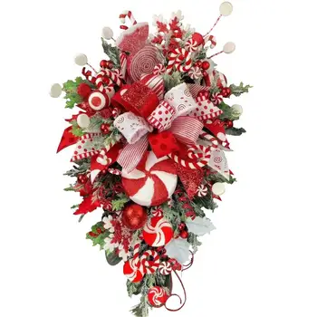 Vánoční Candy Cane Swag Vzhůru nohama Vánoční Slza Věnec s Vánoční Cukroví dveře visí Věnce pro Domácí Dekoraci