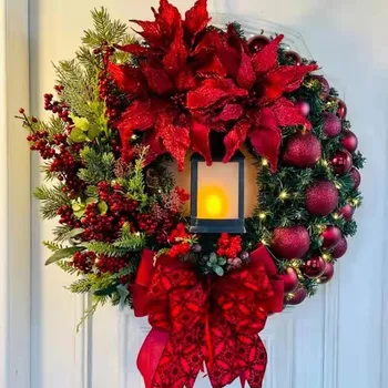 Vánoční olejová Lampa s Červeným Květinové Dekorace, Domácí Přední Dveře Věnec Dekorace Scény