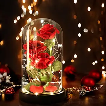 Věčné Růže s Led String Světlo Ve Skleněné Vánoční Narozeniny Umělé Květiny pro Výzdobu Svatební Nový Rok Dárky pro Domácí