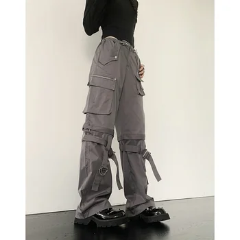 Šedé Cargo Kalhoty s Vysokým Pasem, Ženy Kalhoty Vintage Rovnou Nadrozměrných Y2K Styl Módní 2023 Zimní Streetwear Širokou Nohu Kalhoty