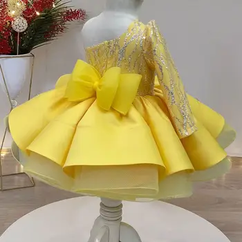 Žlutý Tyl Květinové Dívky Šaty, Plesové Šaty Princessone Rameno Dívky Pozlátko Průvod Šaty Přizpůsobit Oblečení Šaty